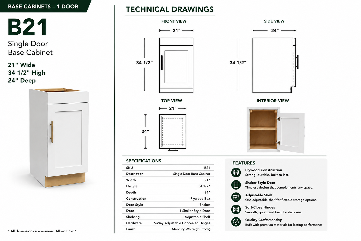 Base Cabinets – 1 Door